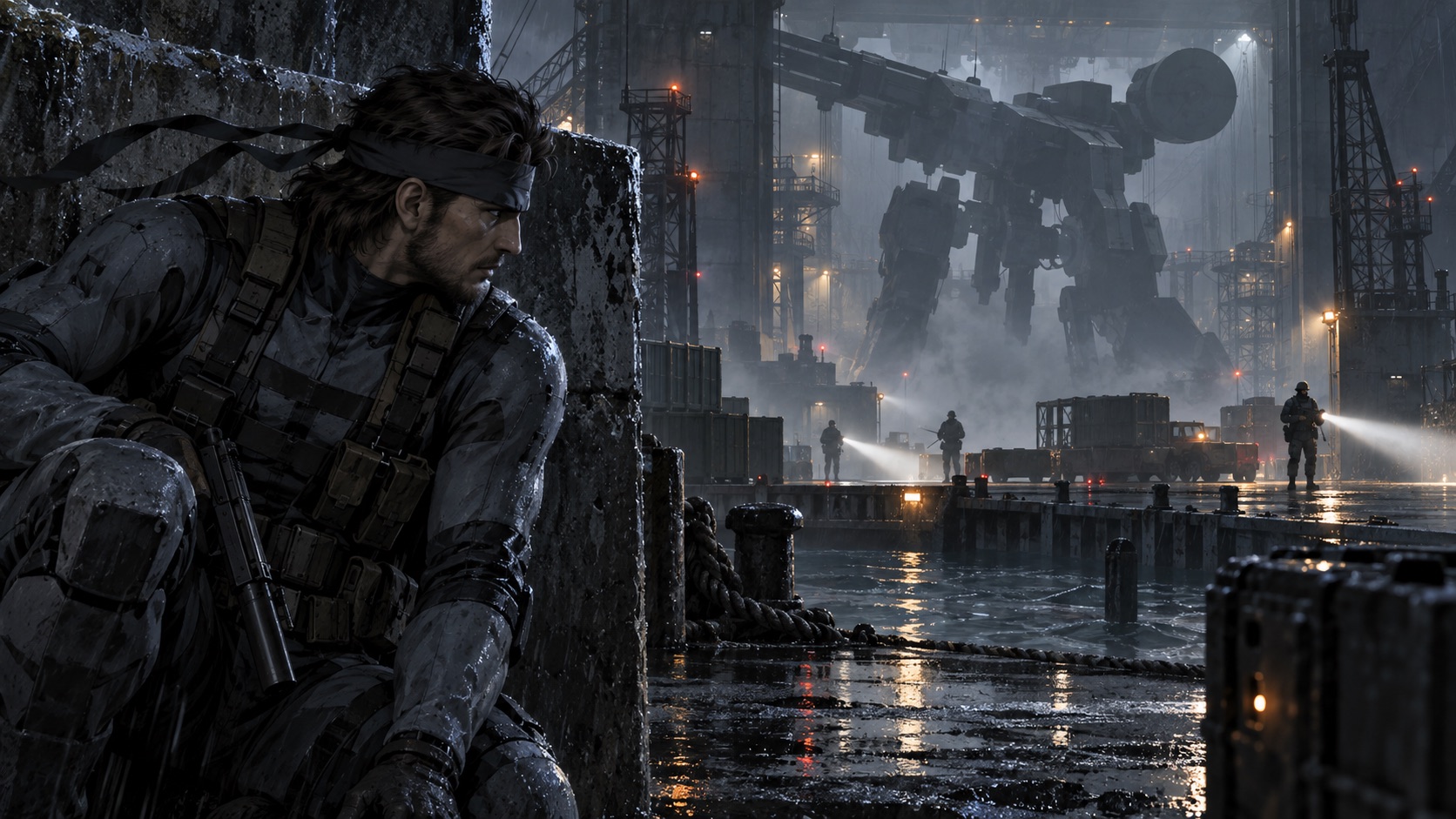 AI fan concept of Solid Snake from Metal Gear crouching in an industrial hangar with a Metal Gear silhouette behind