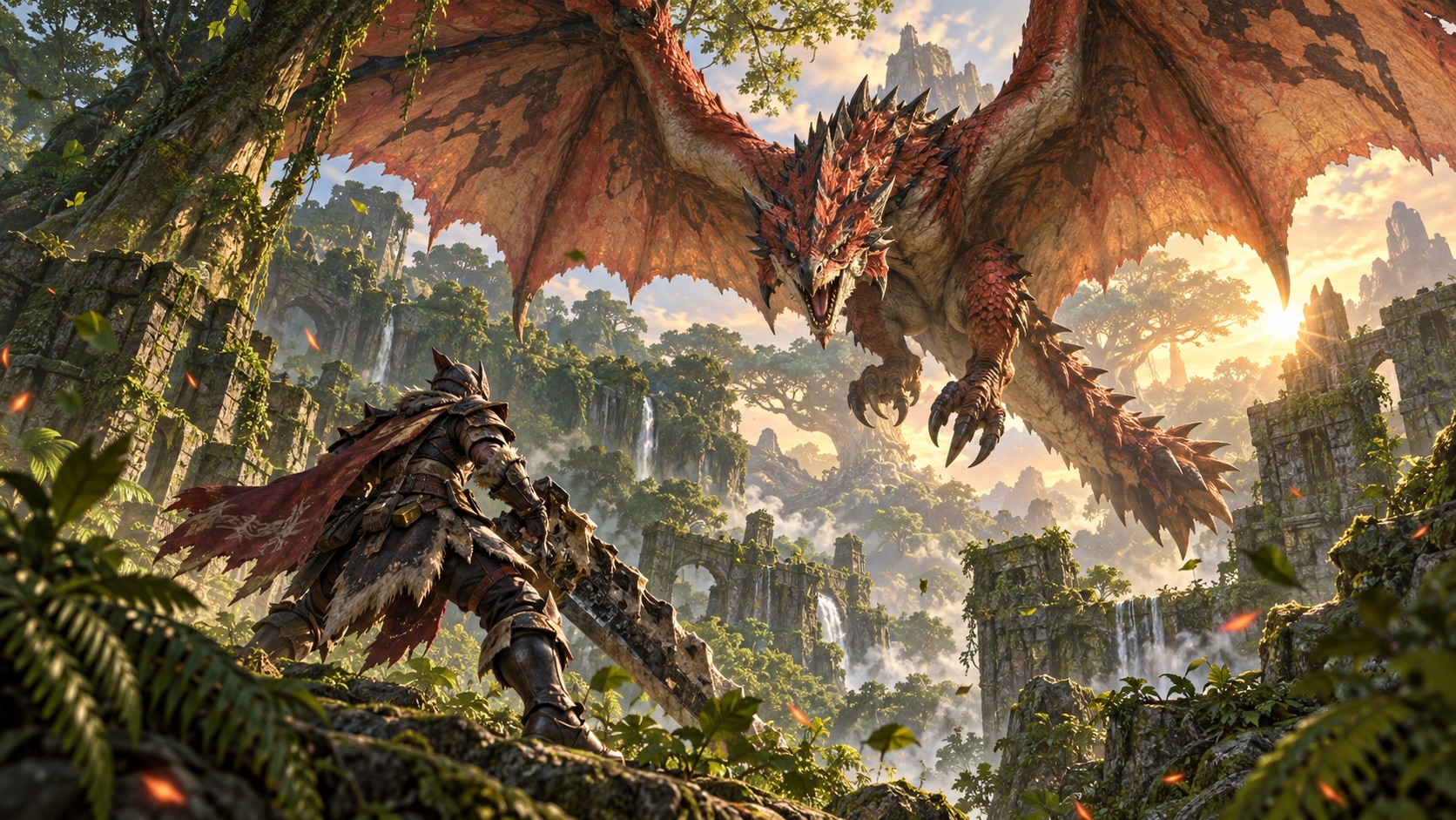 AI fan concept of Rathalos from Monster Hunter descending on a hunter in an ancient forest