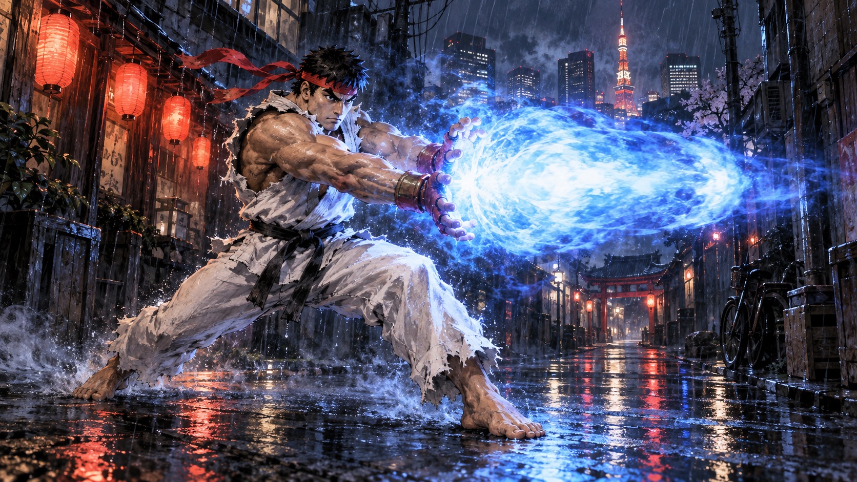AI fan concept of Ryu from Street Fighter releasing a Hadouken in a rainy Tokyo backstreet